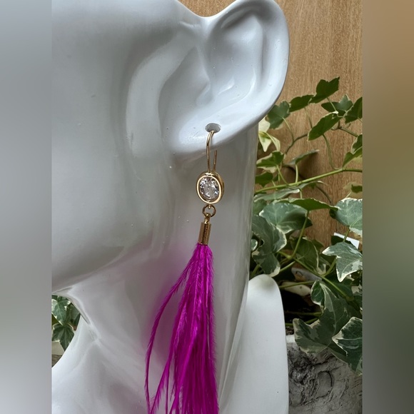 Long Dangle Pink Feather Hippie Chic Earrings - Fun Boho Chic Earrings - Picture 7 of 13